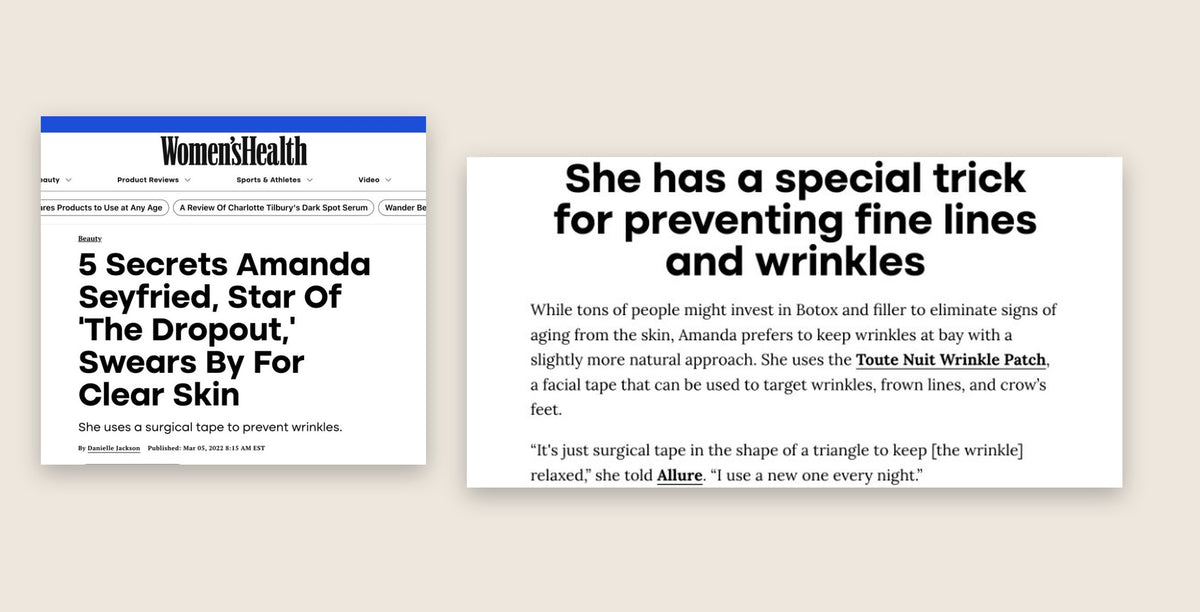 Crops of the Women's Health article naming Toute Nuit (March 5, 2022)